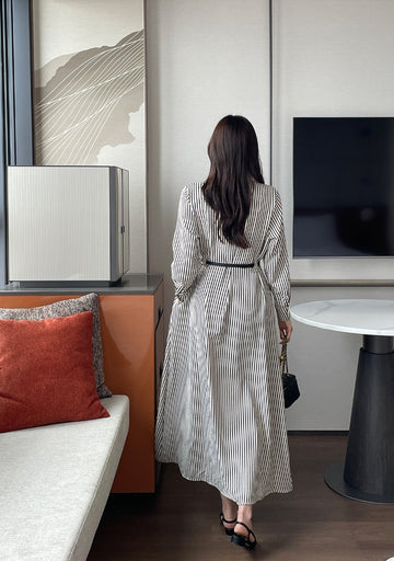 Drian Striped Collar Shirt Long Dress (BeltSet)